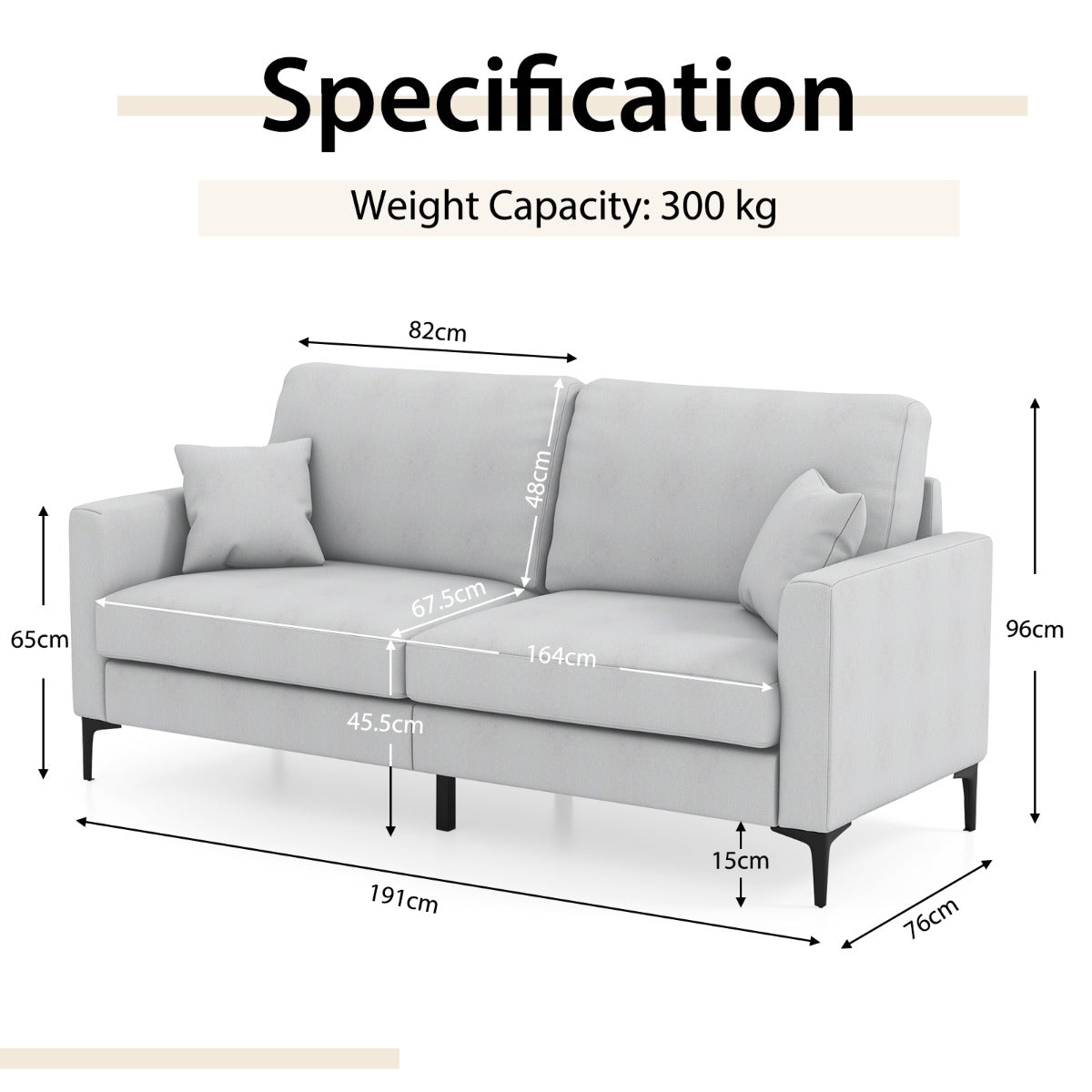 NNECW  2-seat Modern Home Sofa Couch with Armrest & Pillows for Living Room